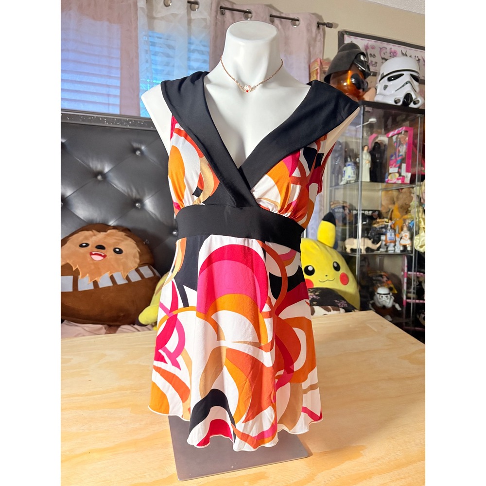 Y2K Wrapper Womens Sleeveless Tunic Top Geometric Retro V-Neck Tie Back #2